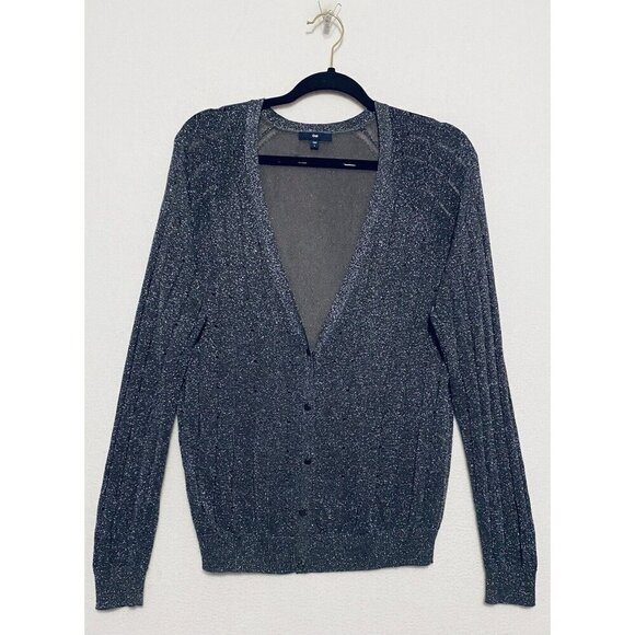 Gap Cardigan Sweater Womens Large Gray Metallic Grandpa Lightweight Long Sleeves - Picture 1 of 8